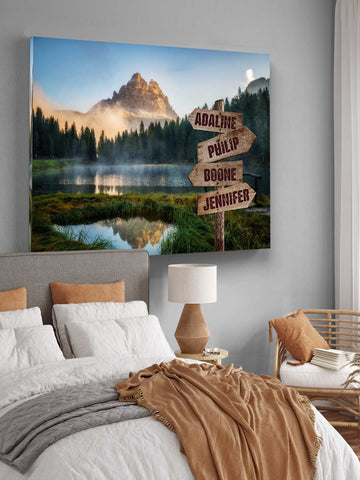 Custom Names Premium Canvas - Misty Lake and Mountain