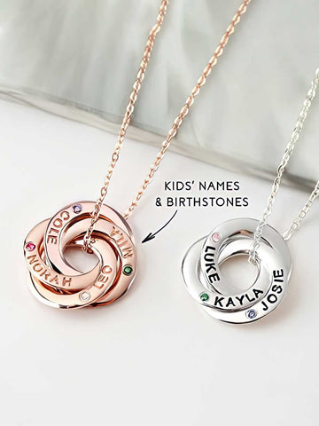 Mom / Grandma Ring Necklace with Children's Names & Birthstones - 2-4 Rings