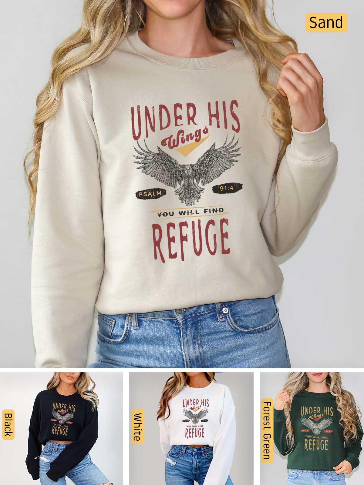 a woman wearing a sweatshirt that says under his refuge