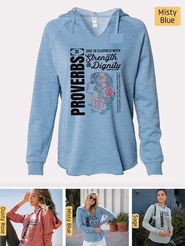 She is Clothed in Strength - Proverbs 31 Woman - Lightweight, Cali Wave-washed Women's Hooded Sweatshirt