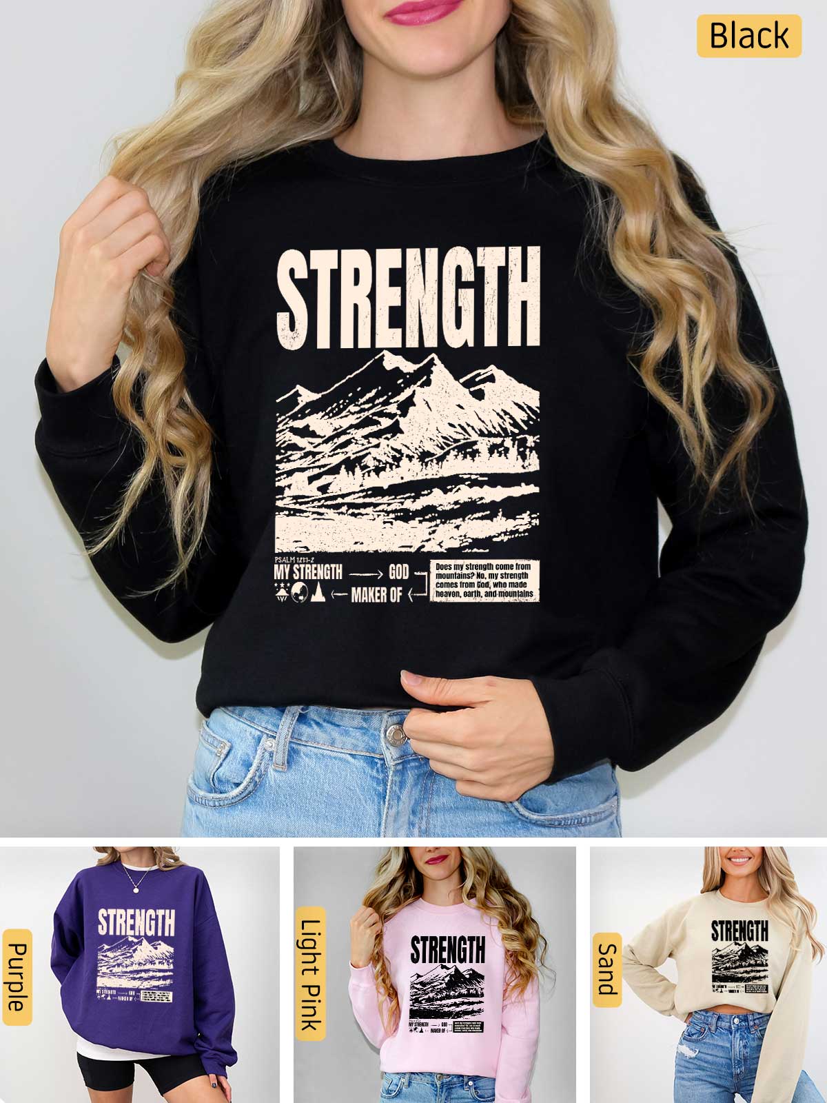 a woman wearing a sweatshirt with the words strength on it