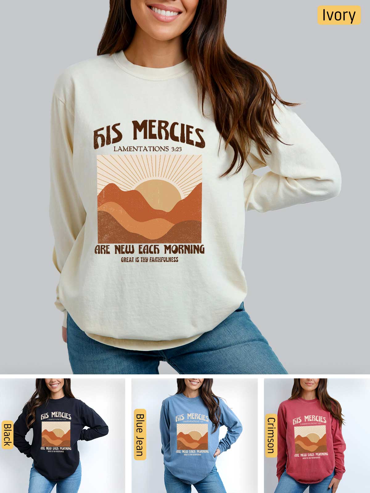 a woman wearing a sweatshirt with a mountain scene on it