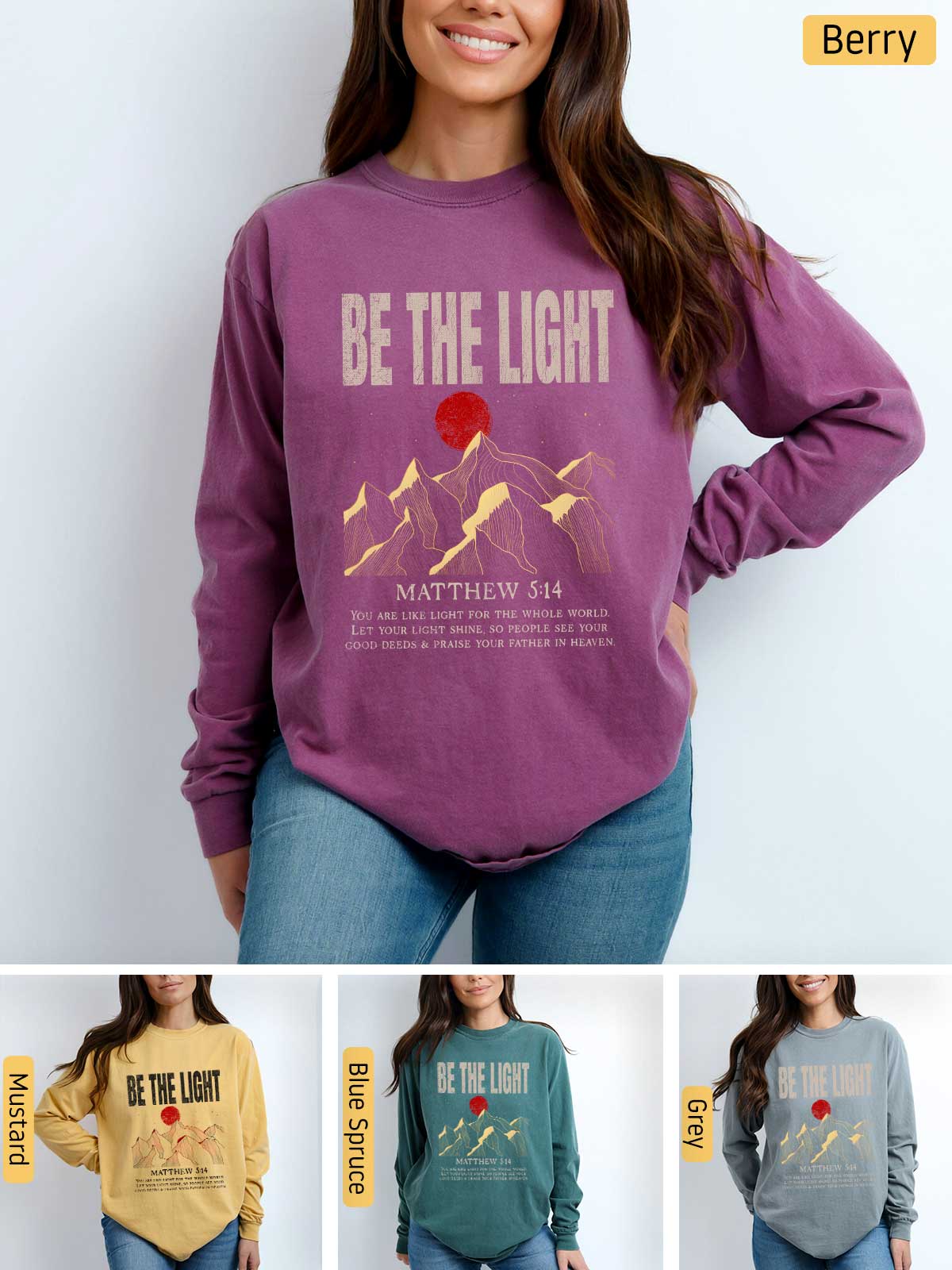 a woman wearing a sweatshirt with the words be the light on it