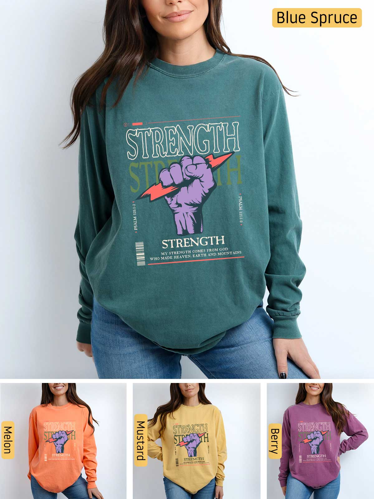 a woman wearing a sweatshirt with the words strength on it