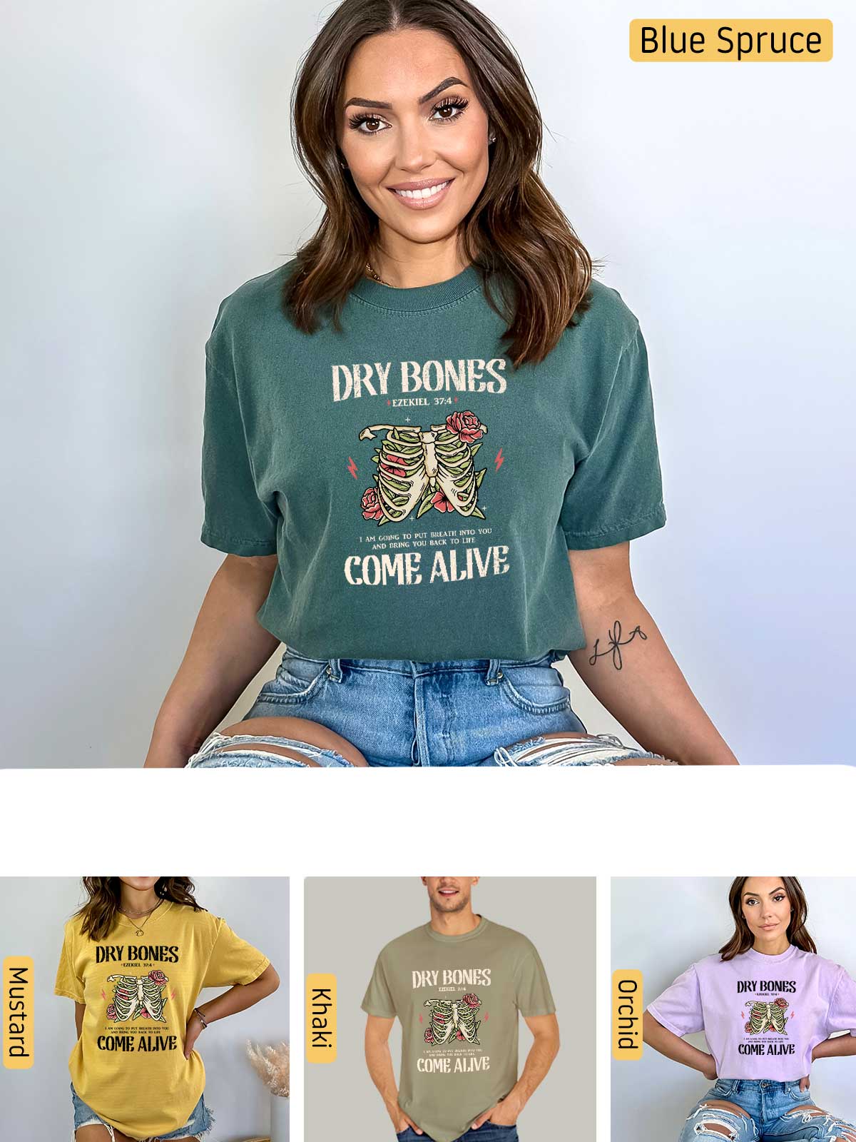 a woman wearing a shirt that says dry bones come alive