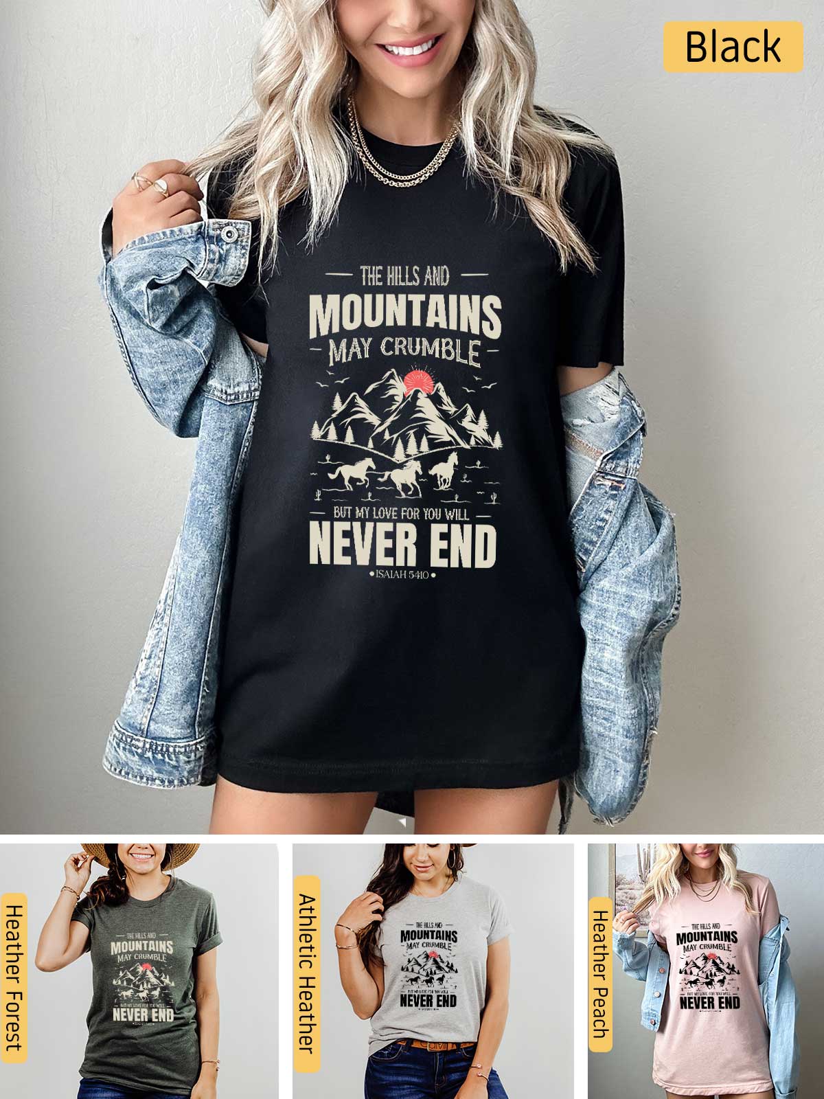 a woman wearing a black shirt with the words mountains may crumble never end