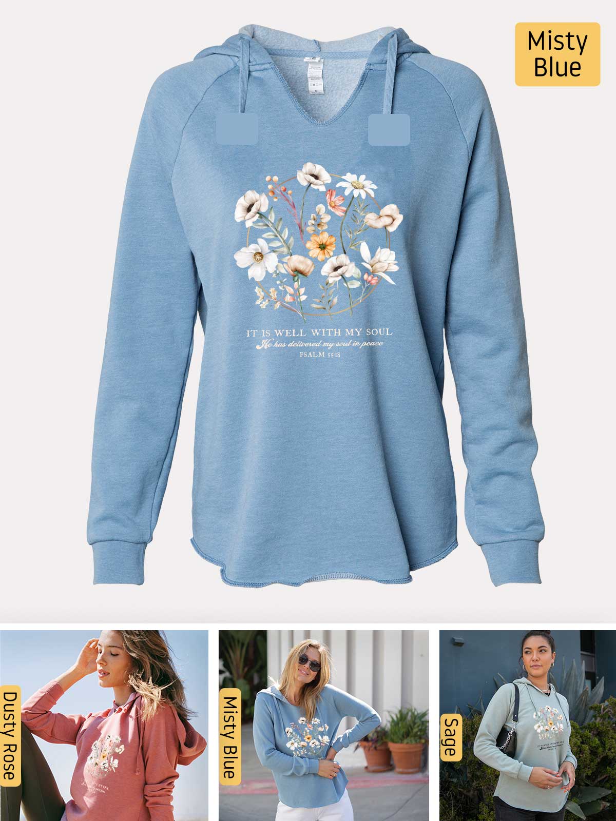 a blue hoodie with flowers on it