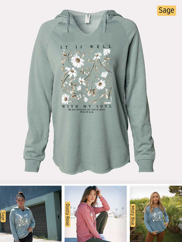 It is Well with my Soul - Psalm 55:18 - Lightweight, Cali Wave-washed Women's Hooded Sweatshirt