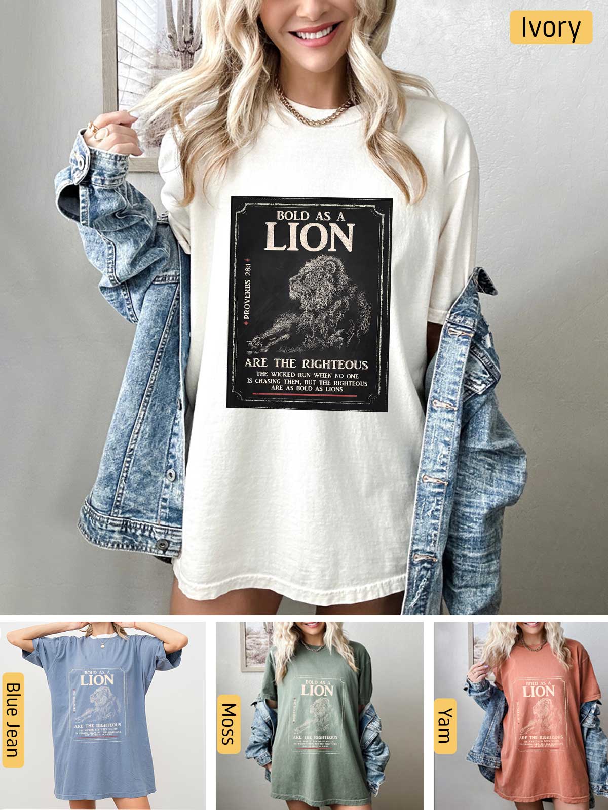 a woman wearing a lion t - shirt and denim jacket