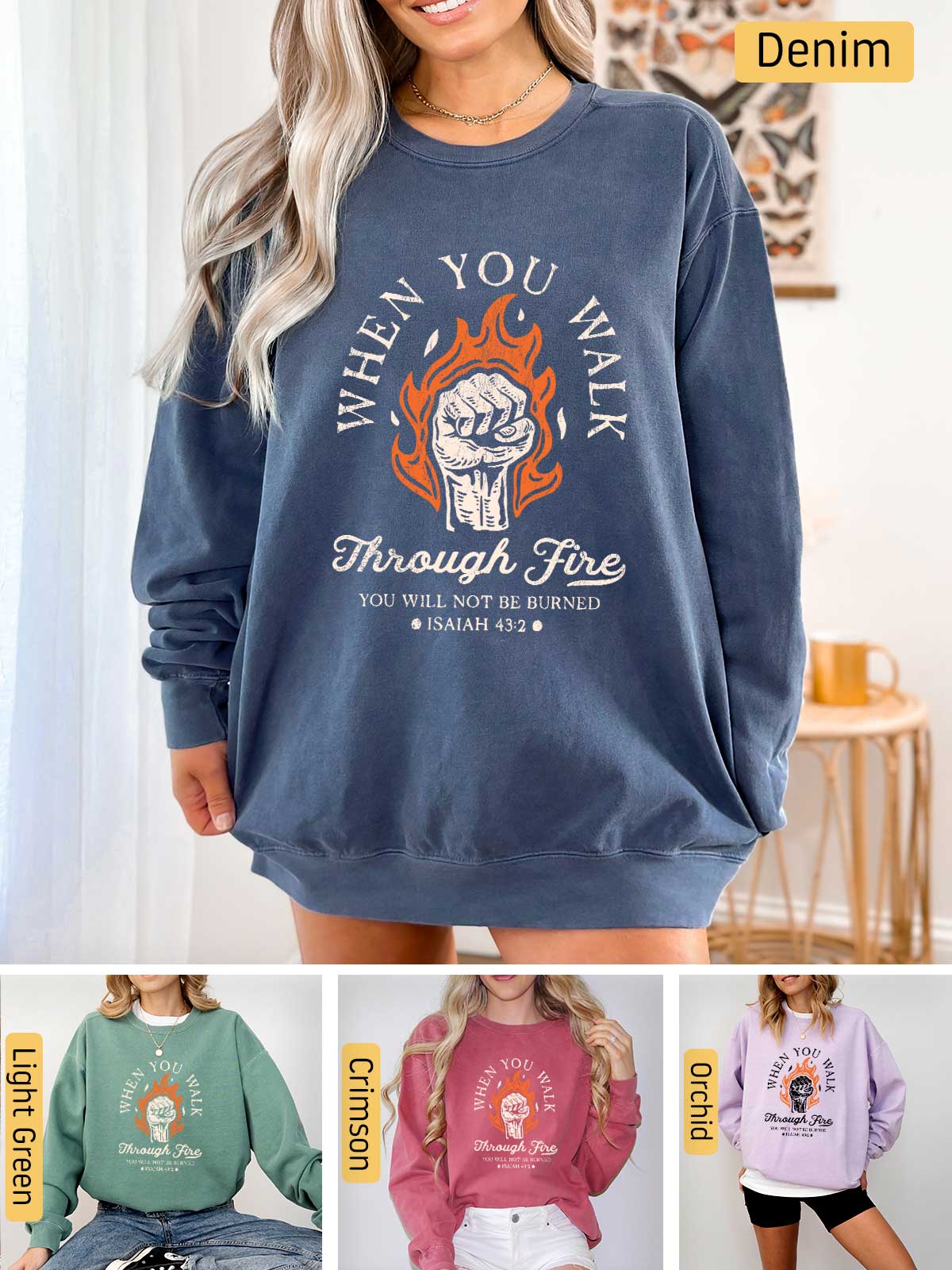 a woman wearing a sweatshirt that says when you think through fire, you're