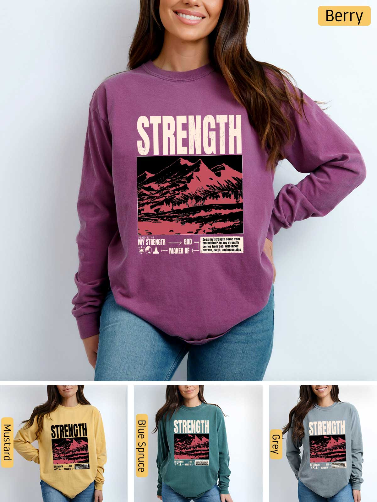 a woman wearing a sweatshirt with the words strength on it