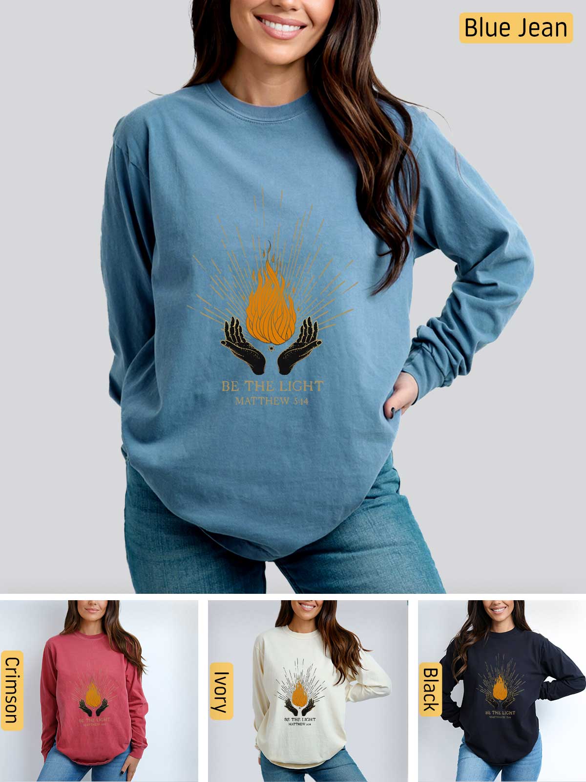 a woman wearing a blue sweater with a fire on it