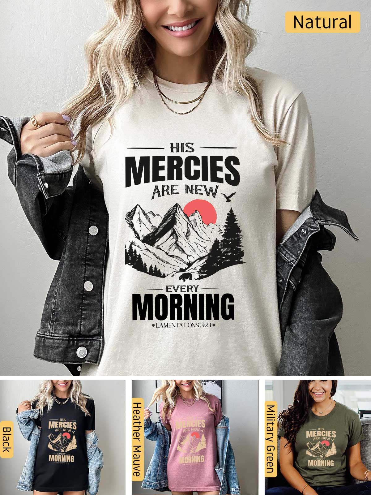 a woman wearing a t - shirt that says, his mercies are new in