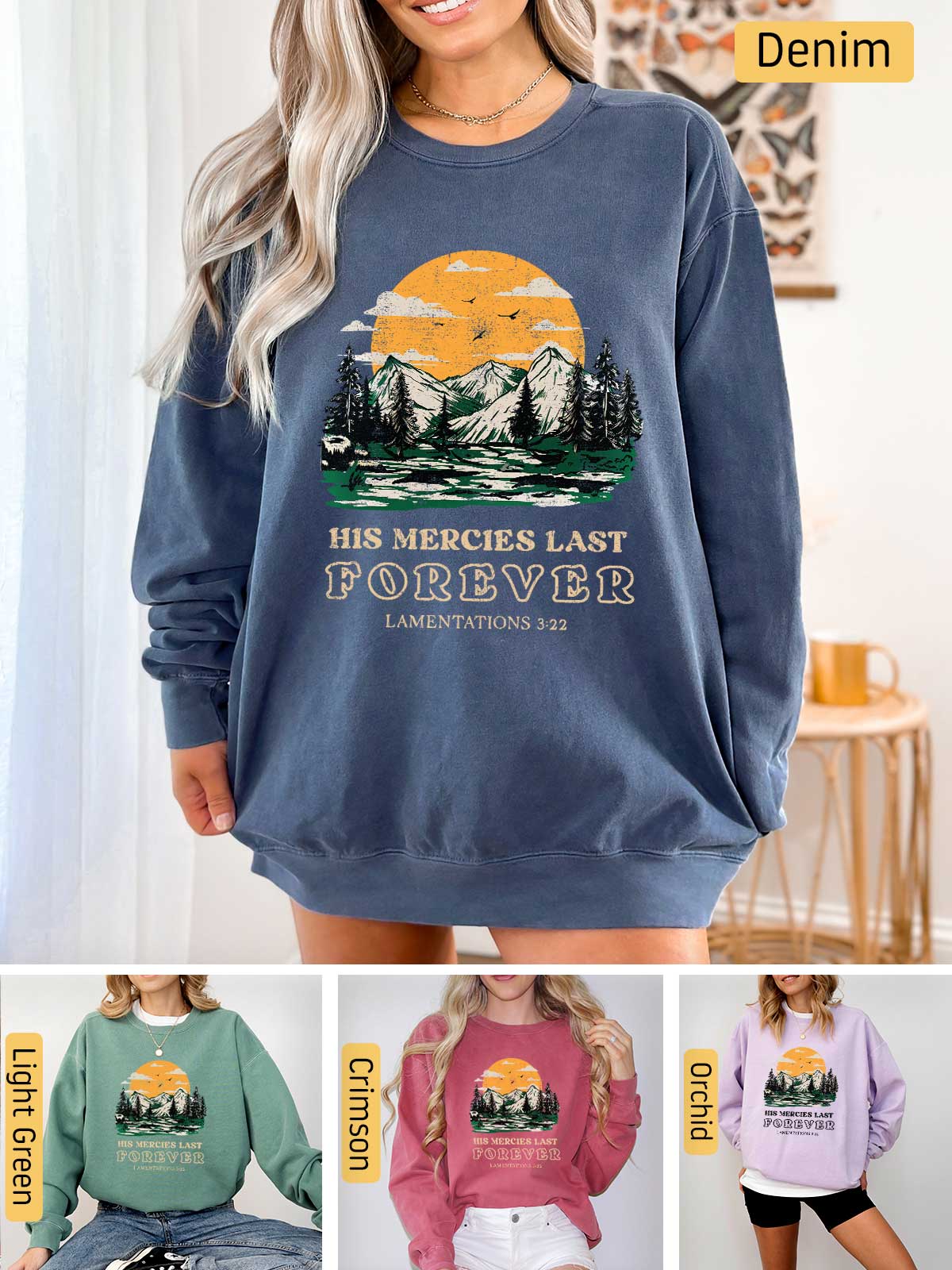 a woman wearing a sweatshirt that says, his mercies last forever