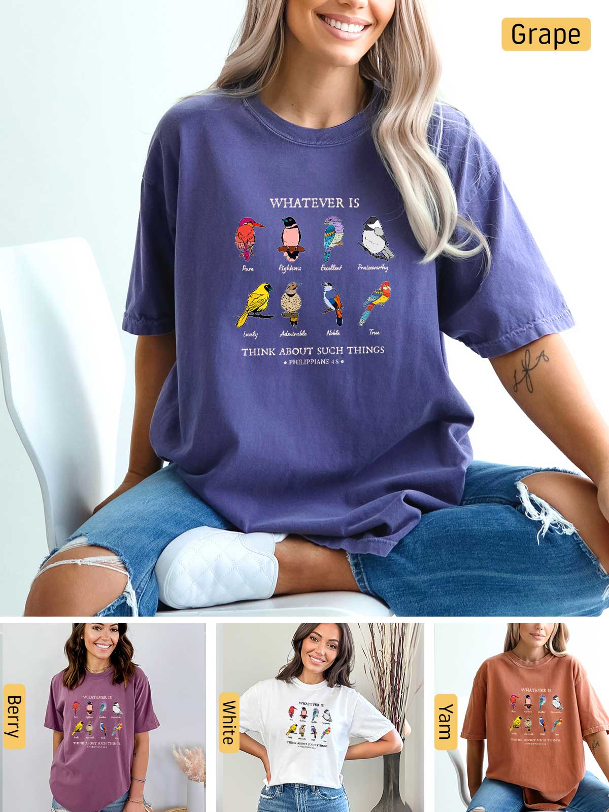 a woman sitting on a chair wearing a t - shirt with birds on it