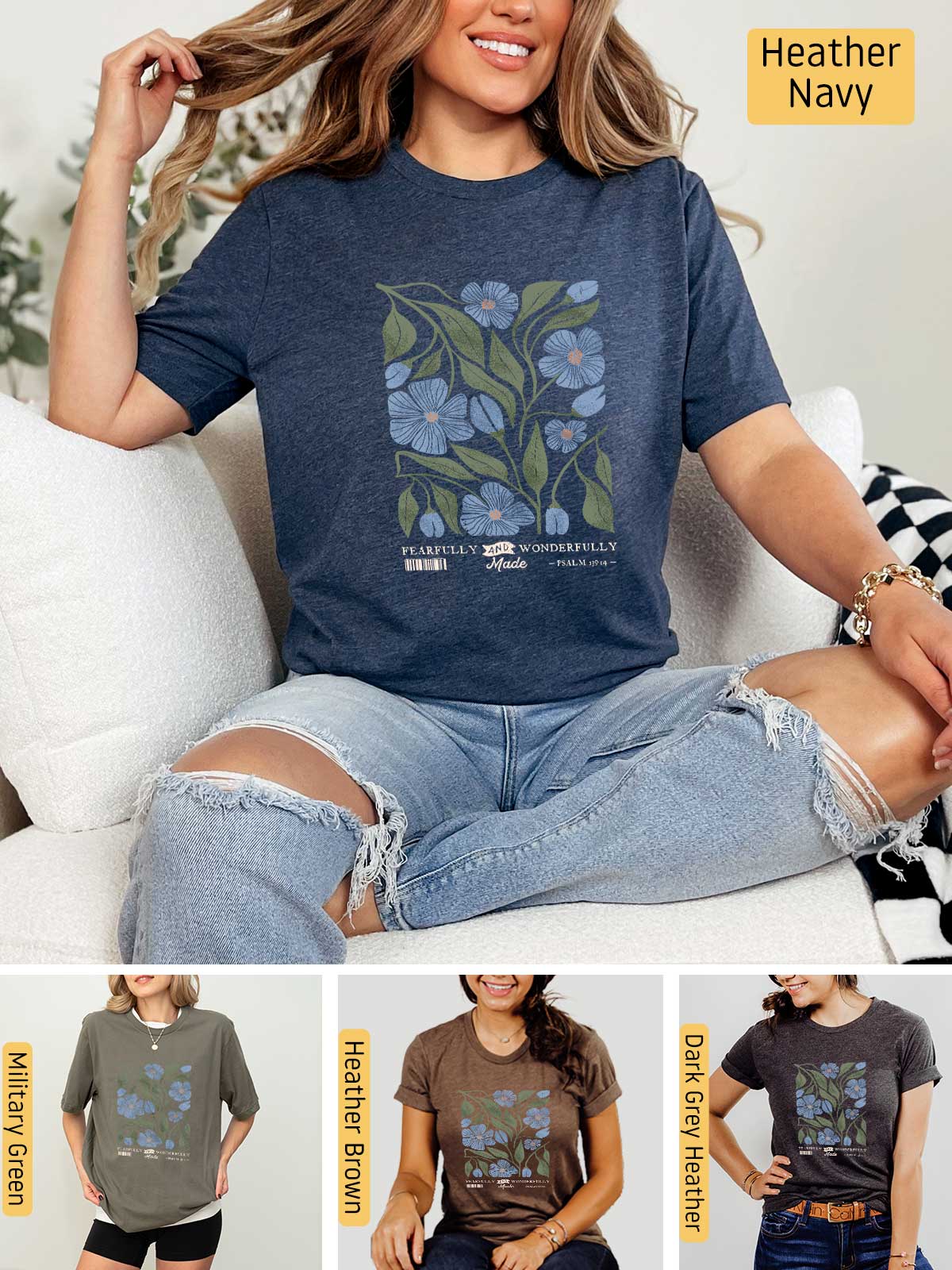 a woman sitting on top of a couch wearing a t - shirt