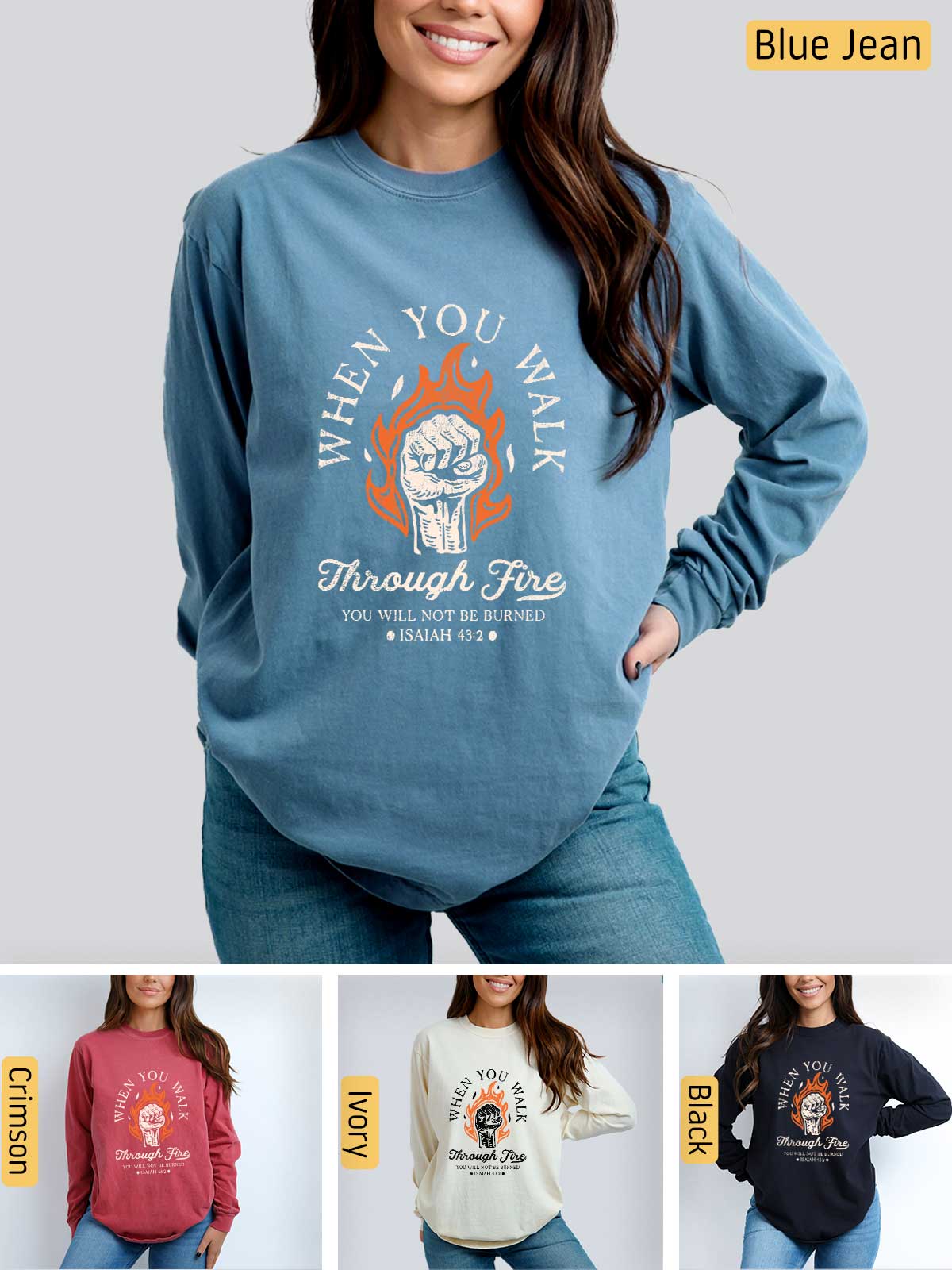 a woman wearing a sweatshirt that says when you drink through fire