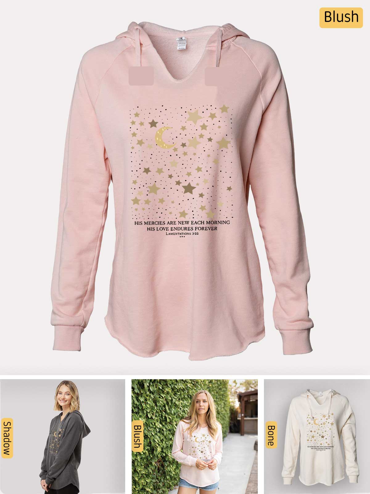 a women's pink hoodie with gold stars on it