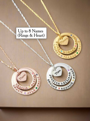 1-2 Rings & 1 Heart Necklace with Kids' Names & Birthstones – Mom & Grandmom Keepsake