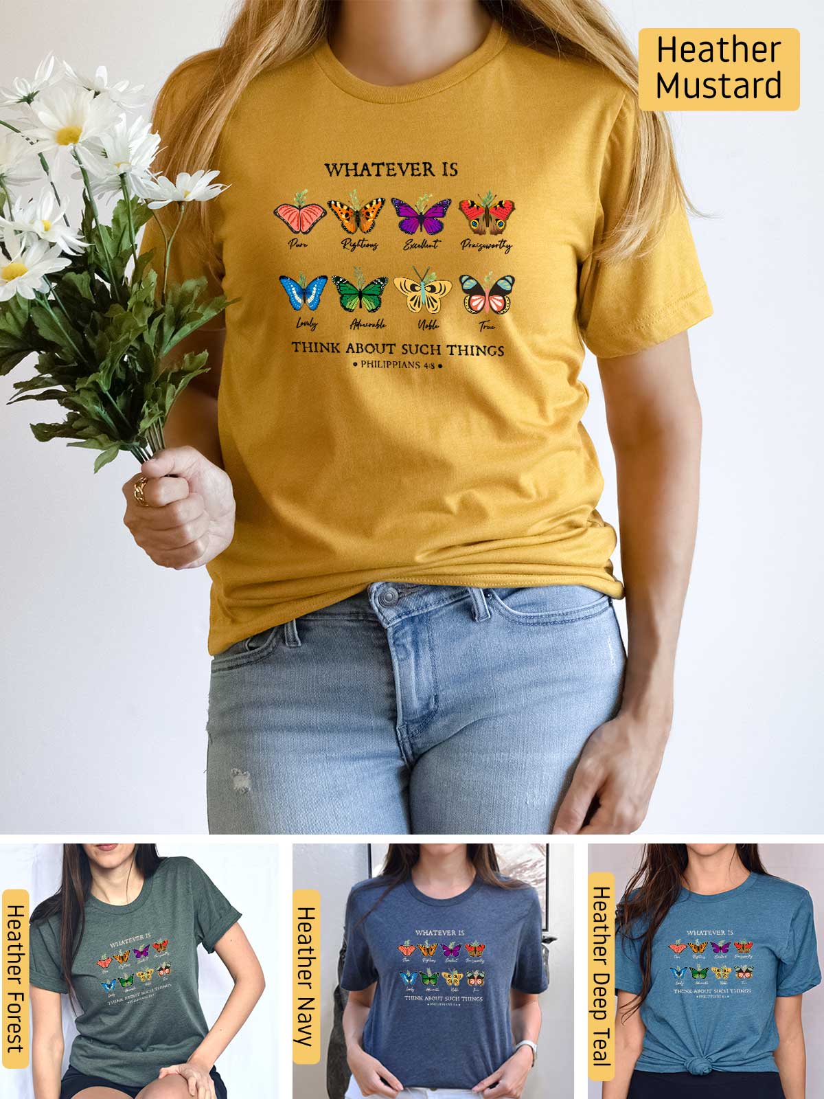 a woman wearing a t - shirt that says whatever is butterflies on it