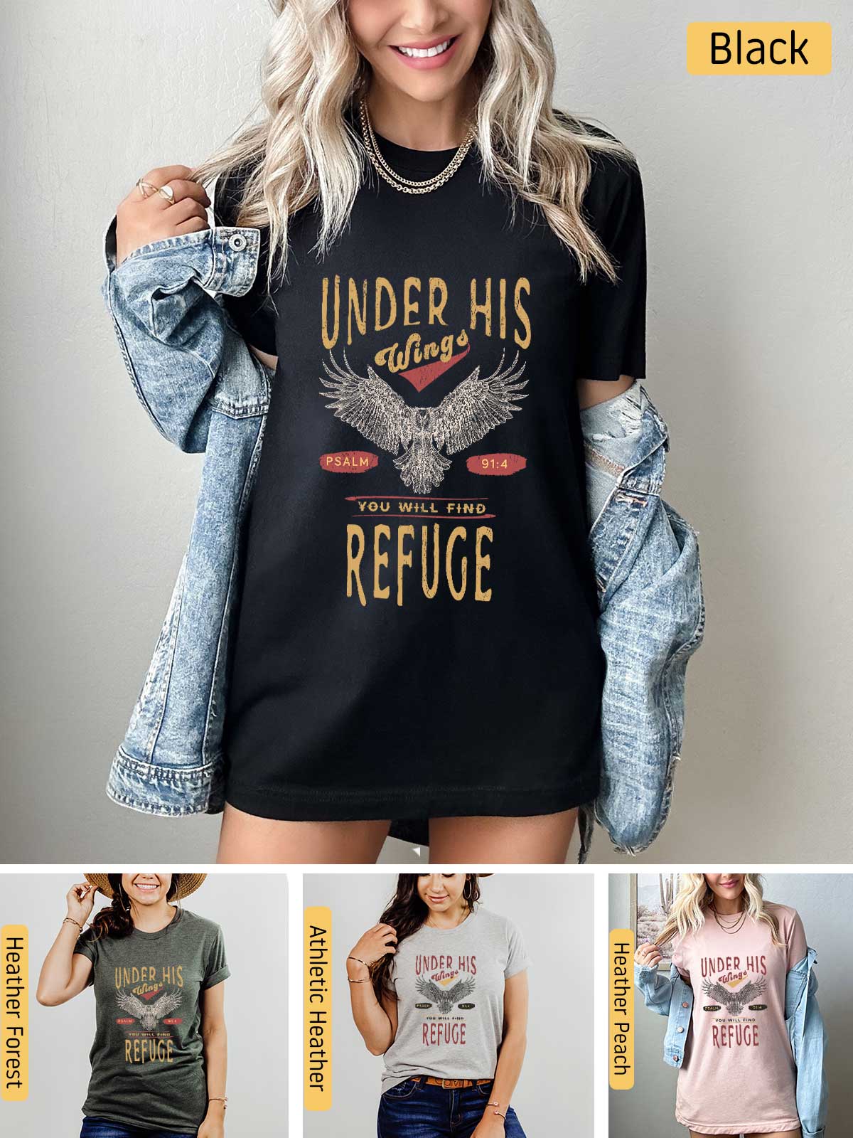 a woman wearing a t - shirt that says under his refuge