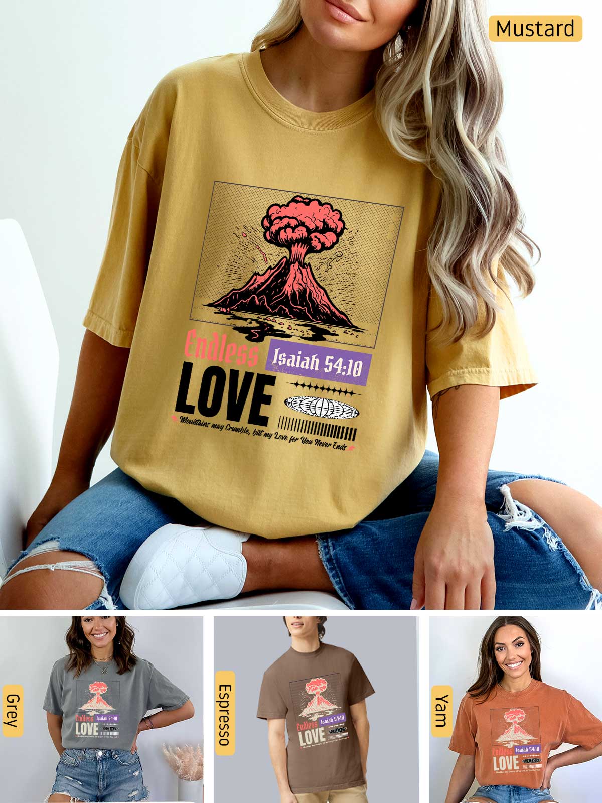 a woman wearing a t - shirt with a volcano on it