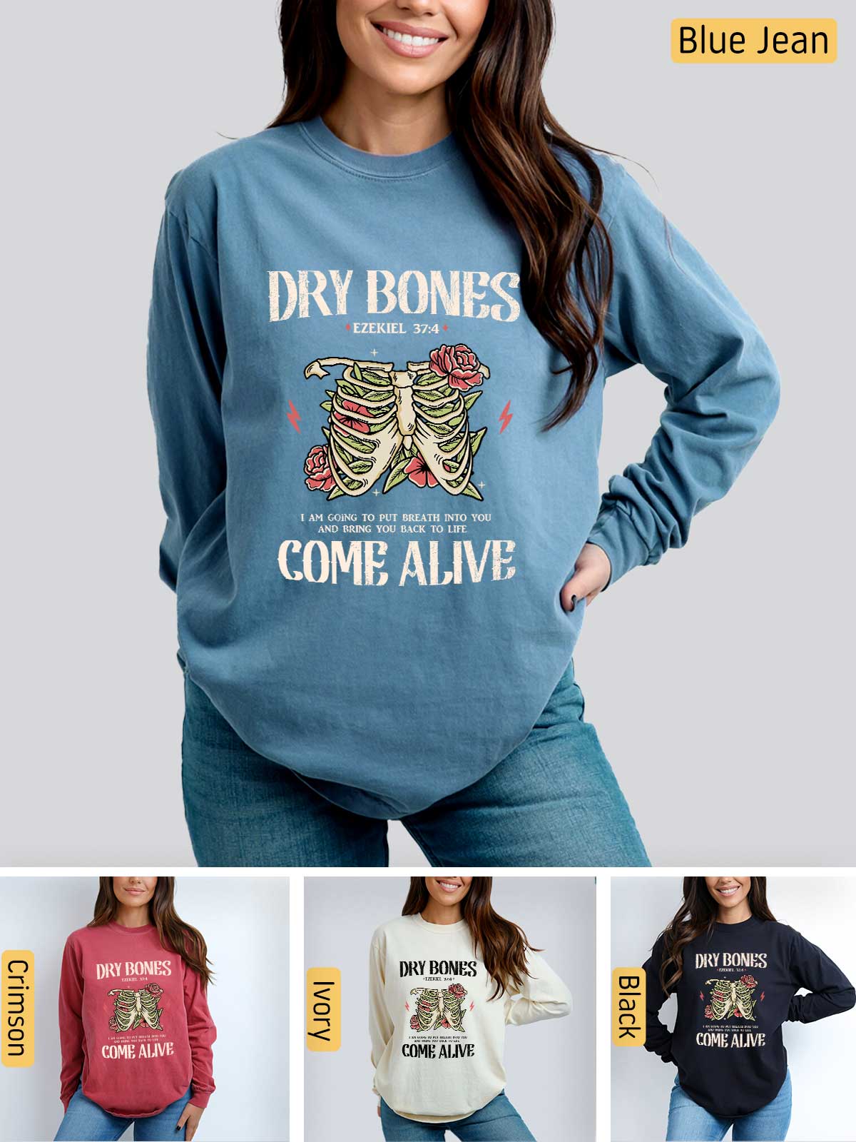 a woman wearing a blue sweater with a skeleton on it