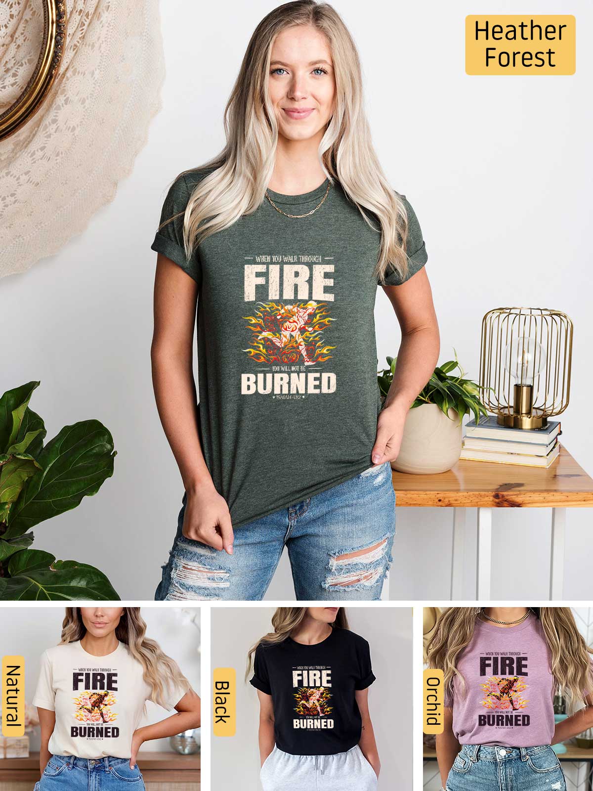 a woman wearing a fire burned t - shirt