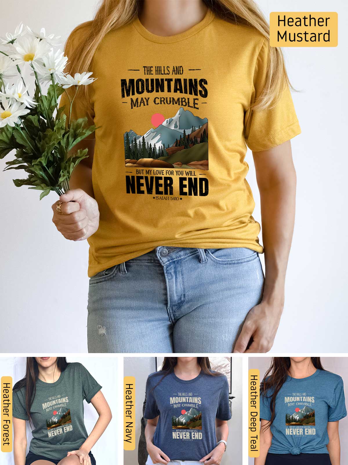 a woman holding a flower and wearing a t - shirt that says the mountains may