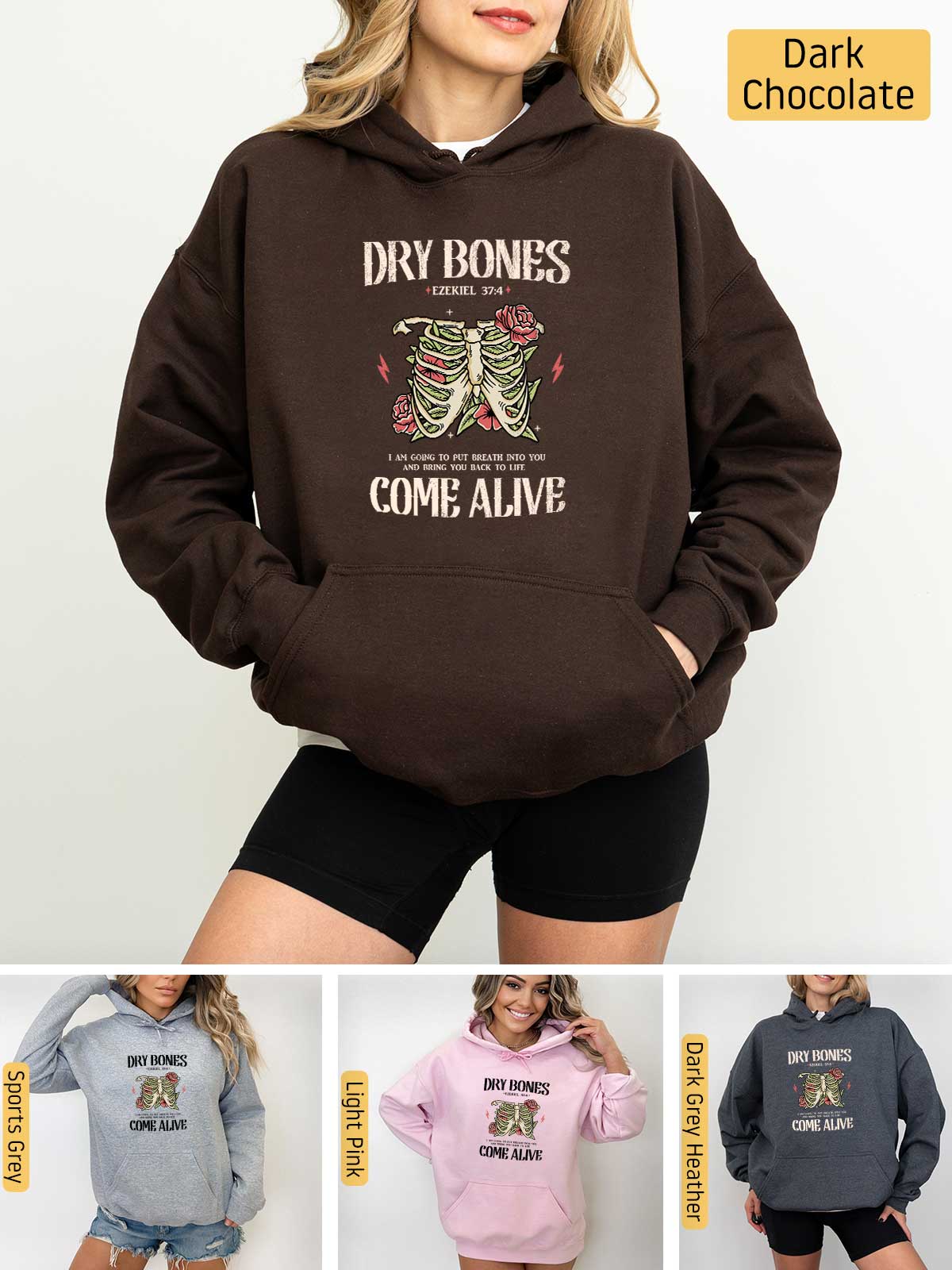a woman wearing a hoodie that says dry bones come alive