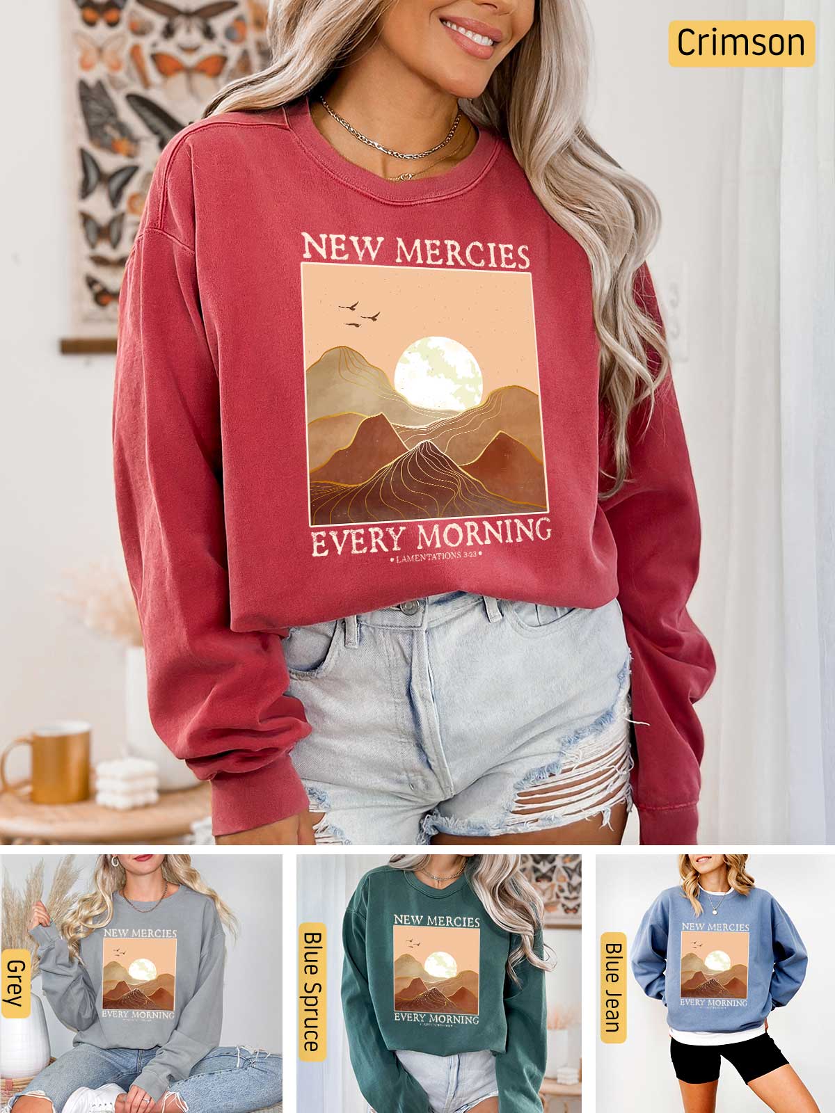 a collage of photos of a woman wearing a new mercies sweatshirt