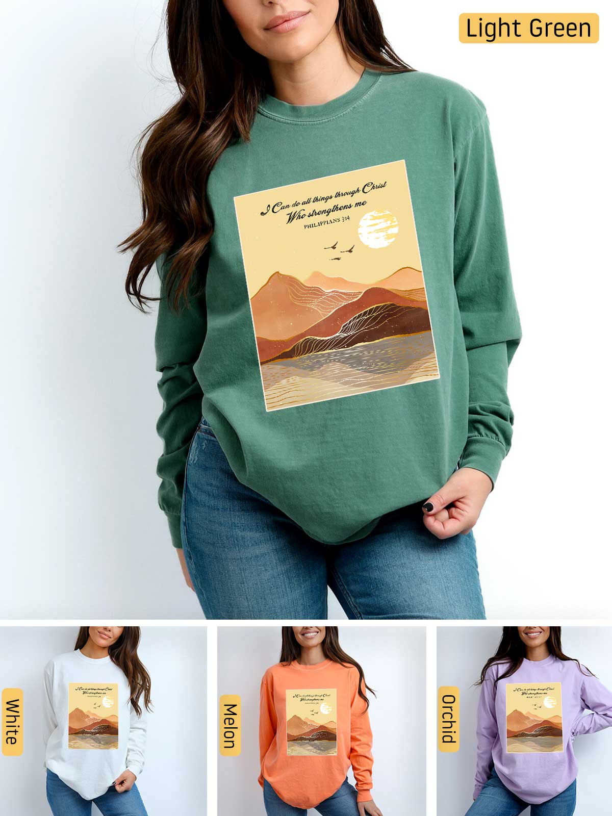 a woman wearing a sweatshirt with a picture of a mountain