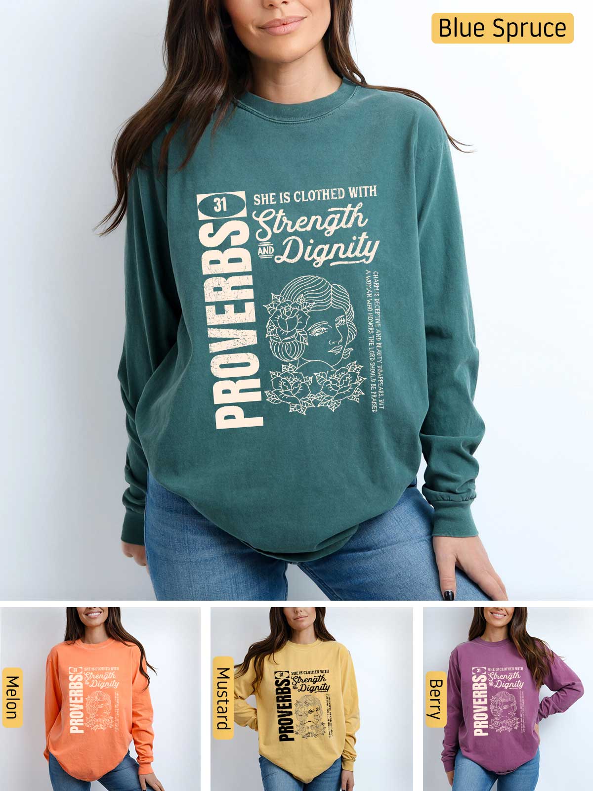 a woman wearing a green sweatshirt with a graphic on it