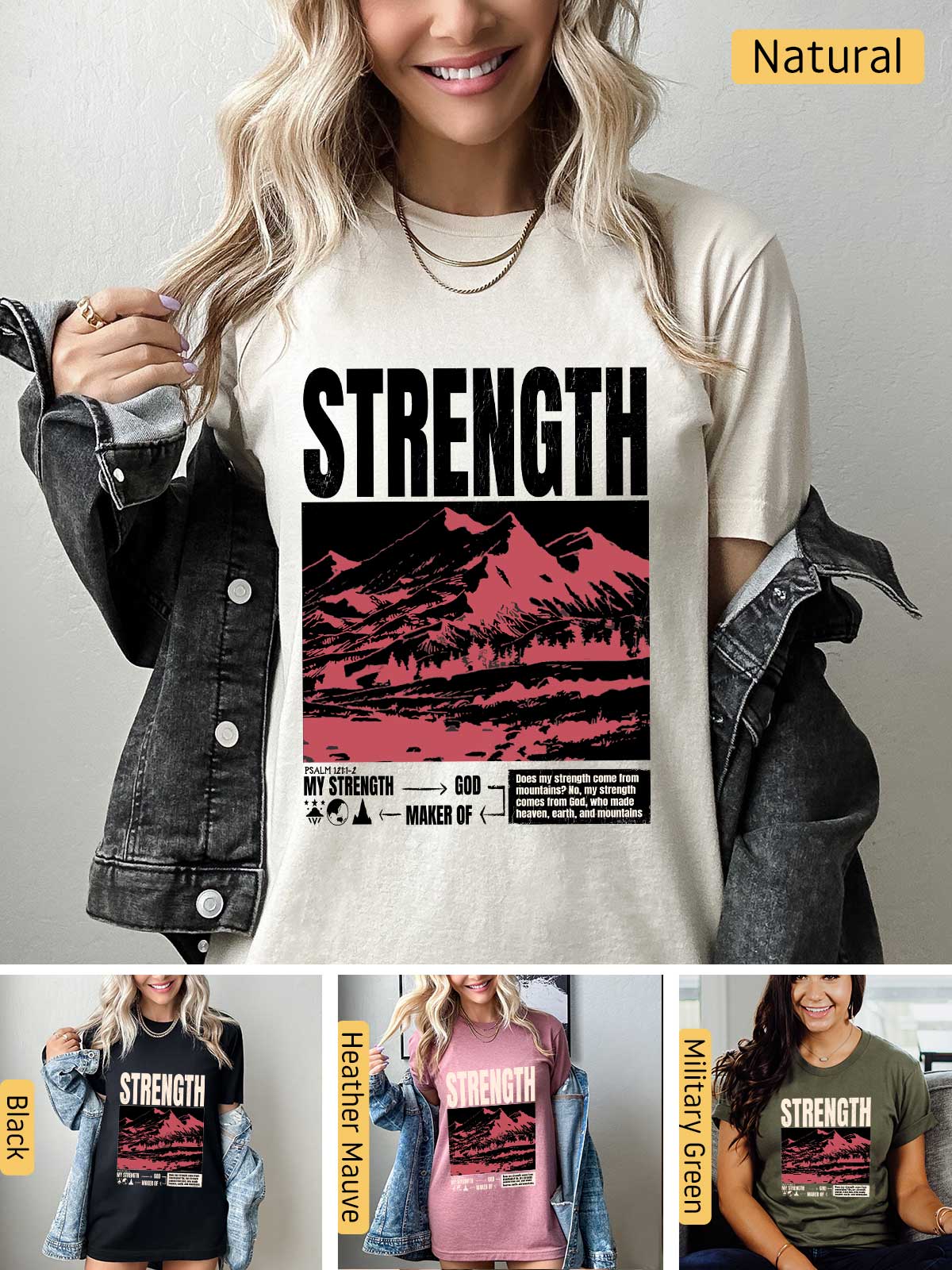 a woman wearing a t - shirt with the words strength on it