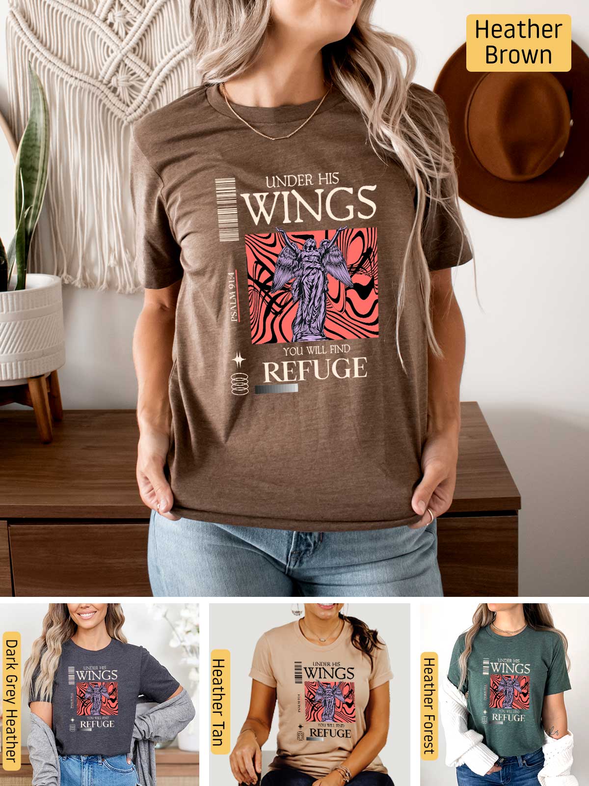 a woman wearing a brown t - shirt with wings on it