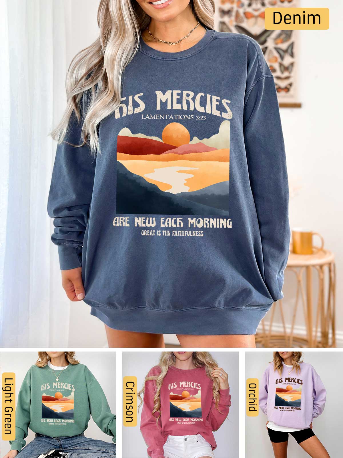 a woman wearing a sweatshirt and shorts with a picture of a sunset on it