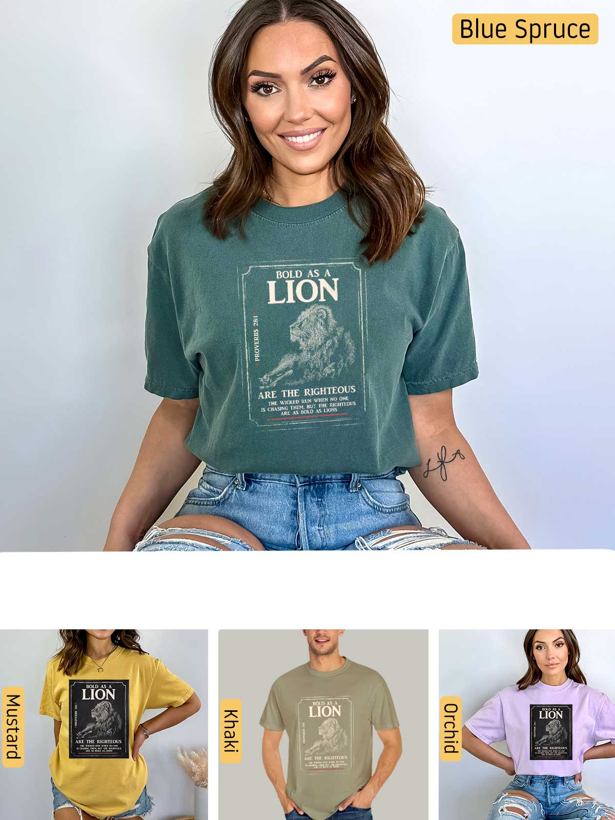 a woman wearing a lion t - shirt and denim shorts