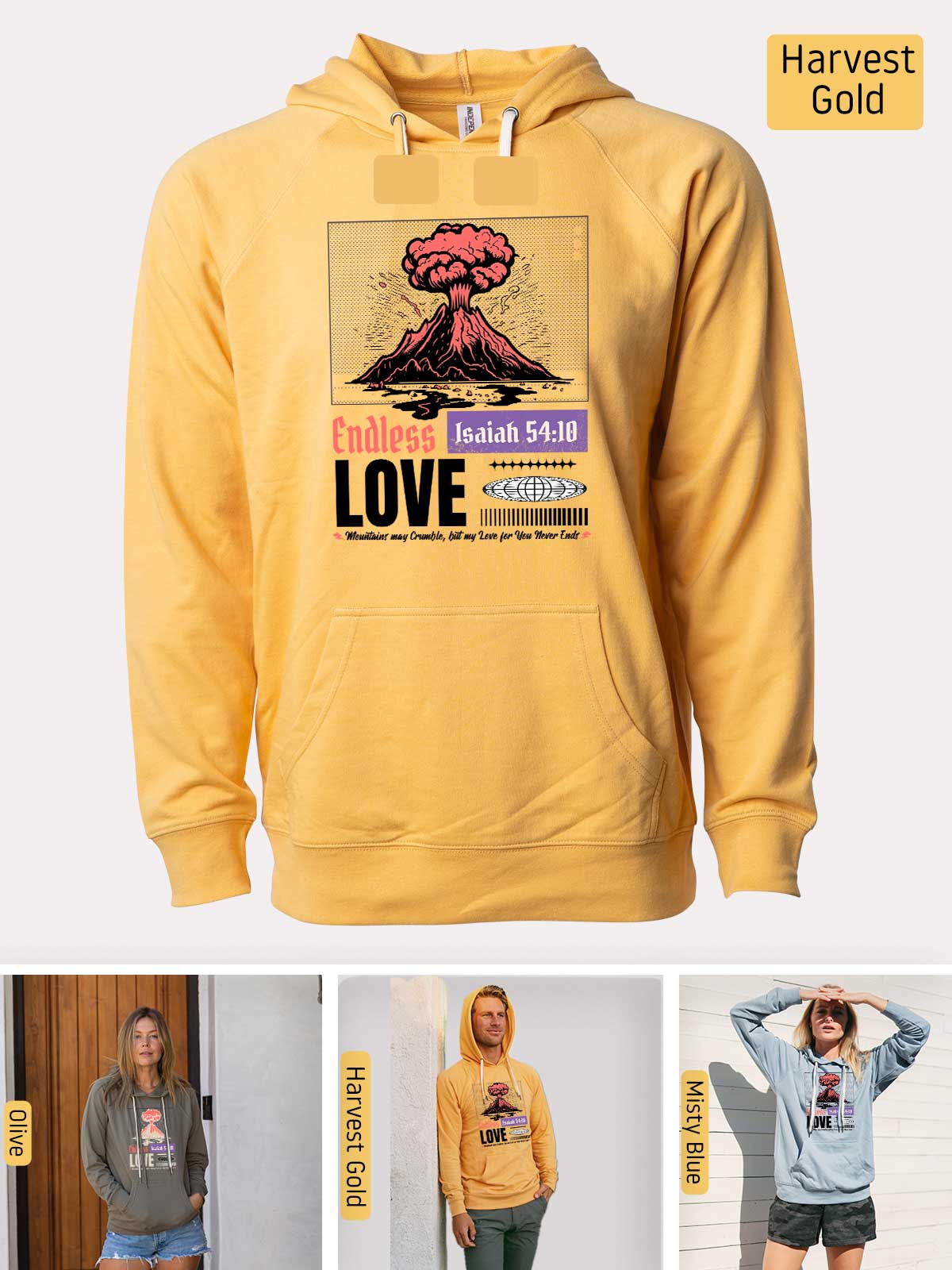 a yellow hoodie with a picture of a volcano on it