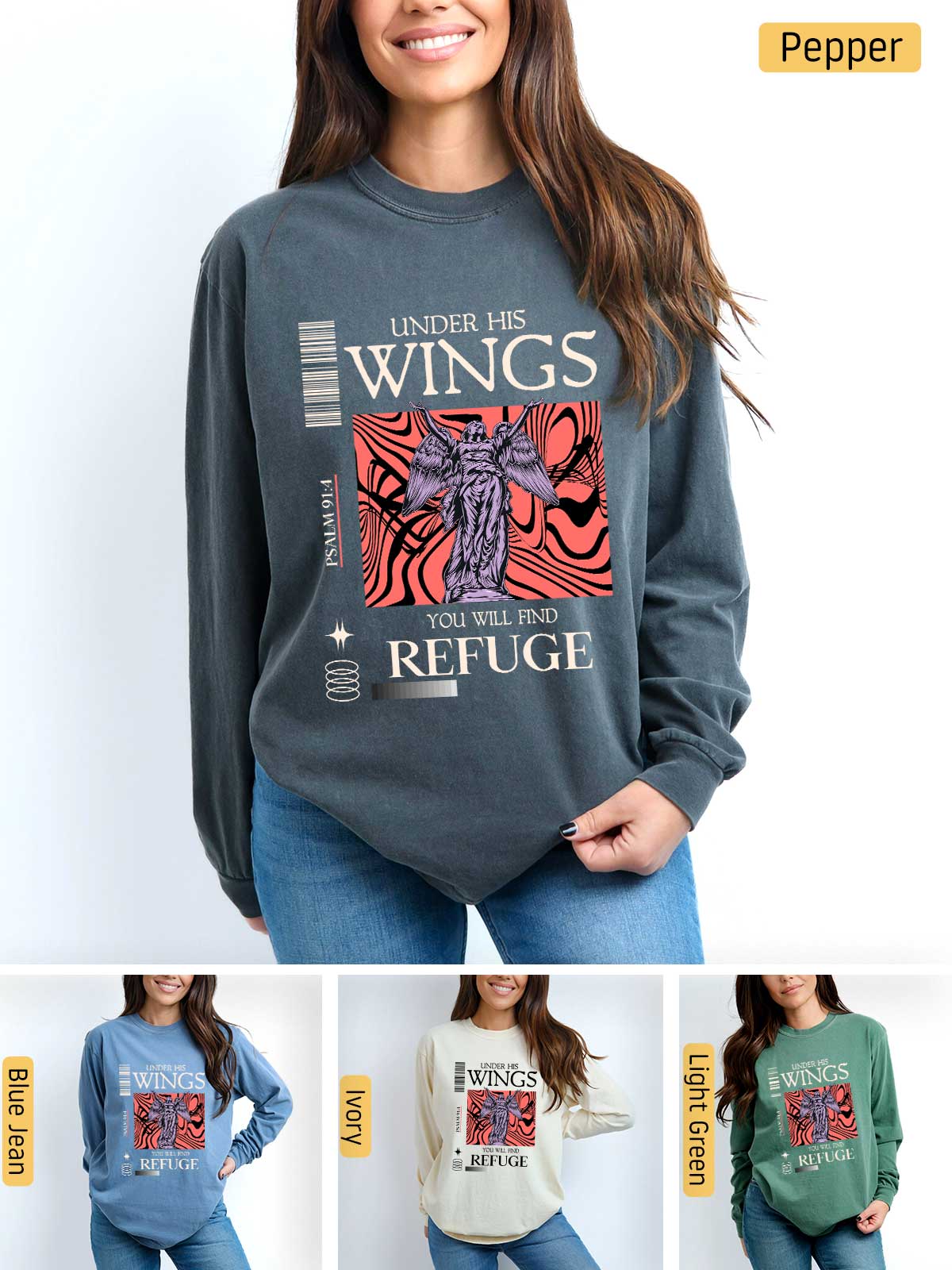 a woman wearing a sweatshirt with the words wings on it