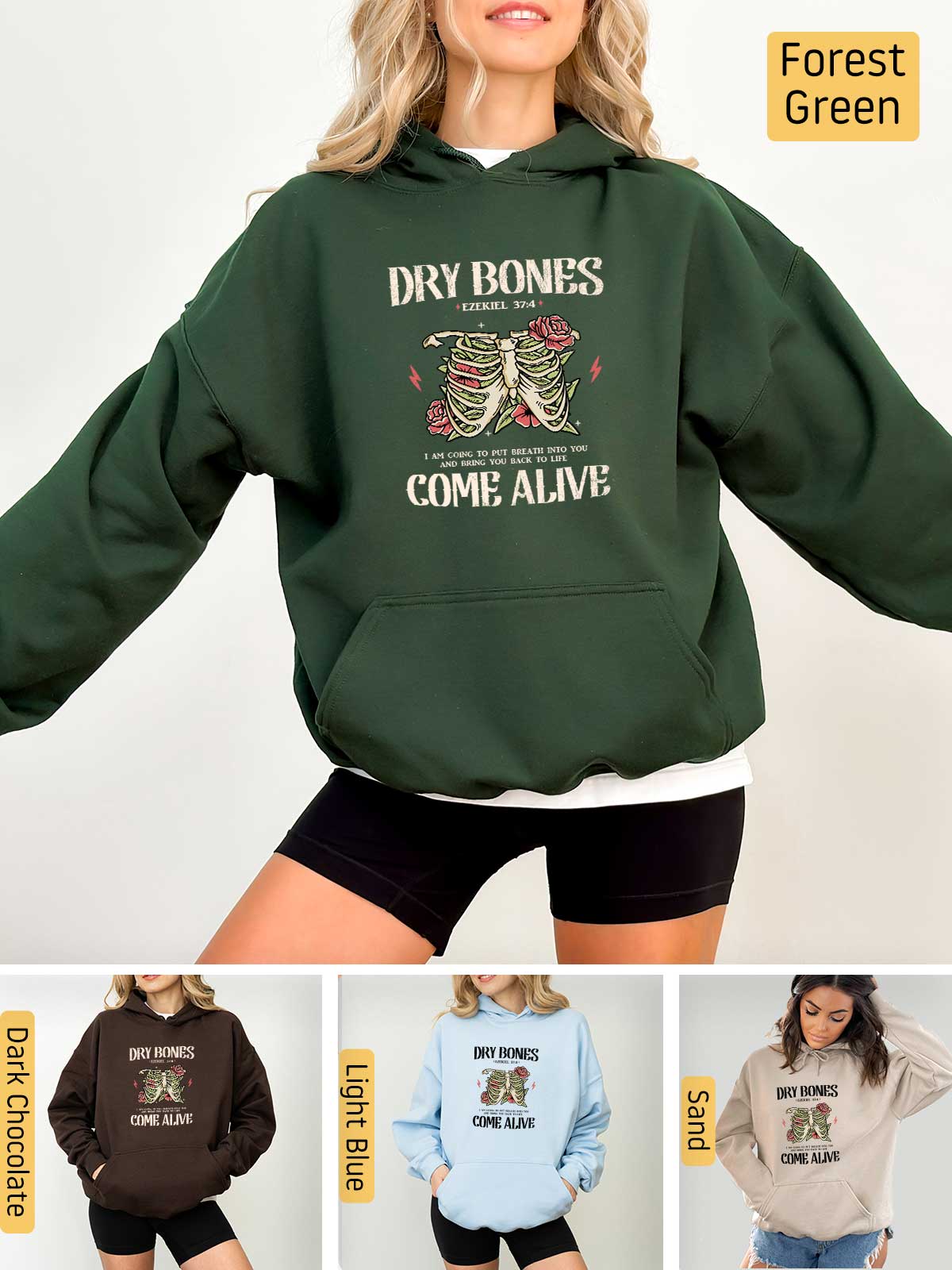 a woman wearing a hoodie that says dry bones come alive