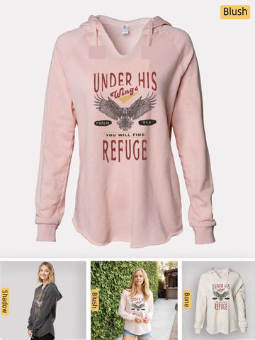 Under His Wings You will find Refuge - Psalm 91:4 - Lightweight, Cali Wave-washed Women's Hooded Sweatshirt