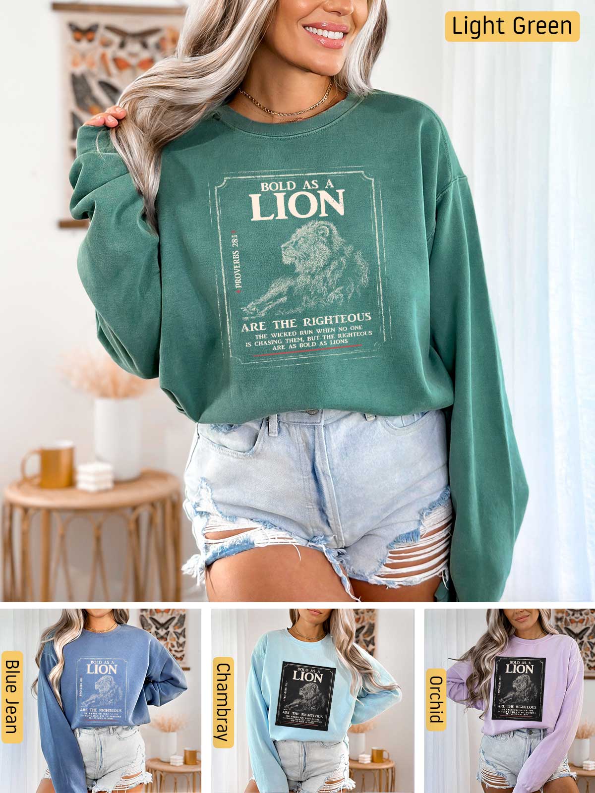 a collage of photos of a woman wearing a lion sweatshirt
