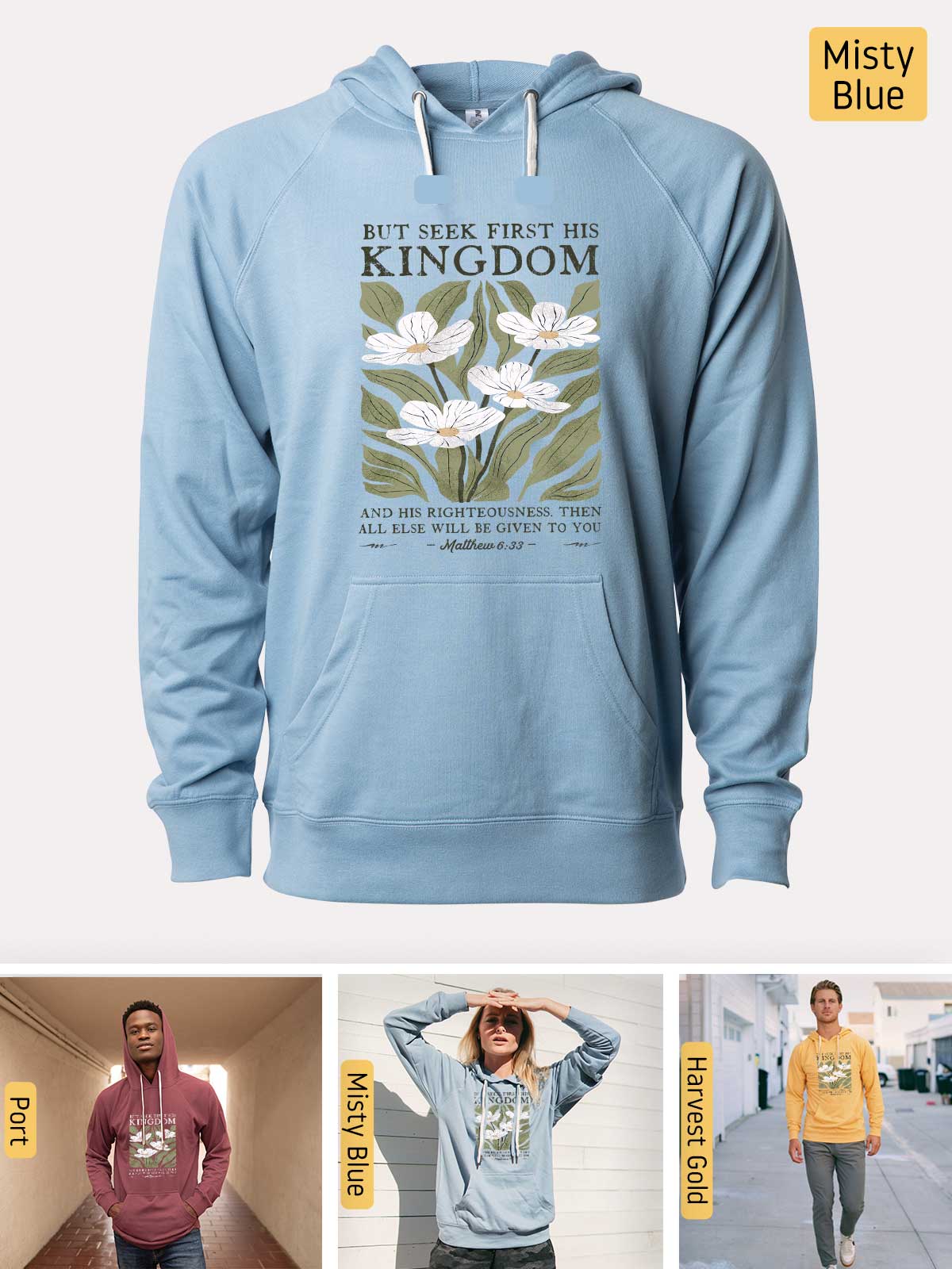 a blue hoodie with a picture of a flower on it