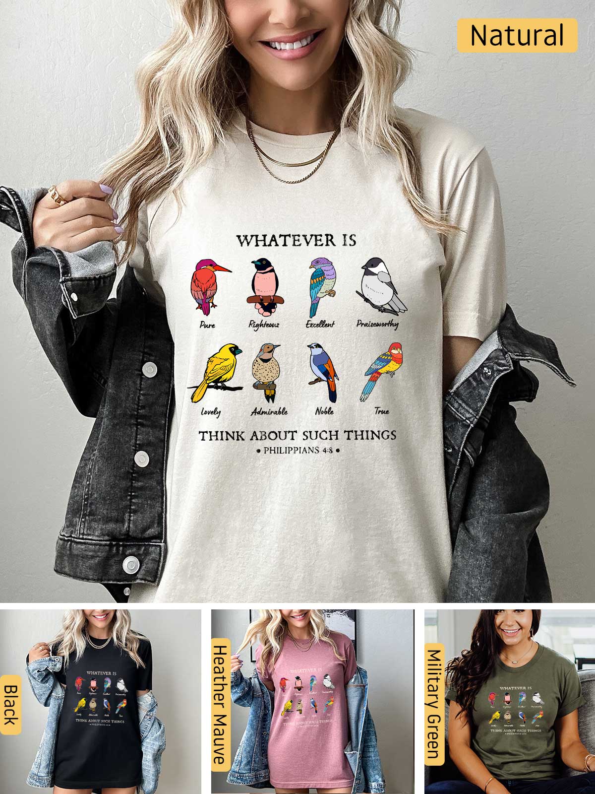 a woman wearing a t - shirt with birds on it