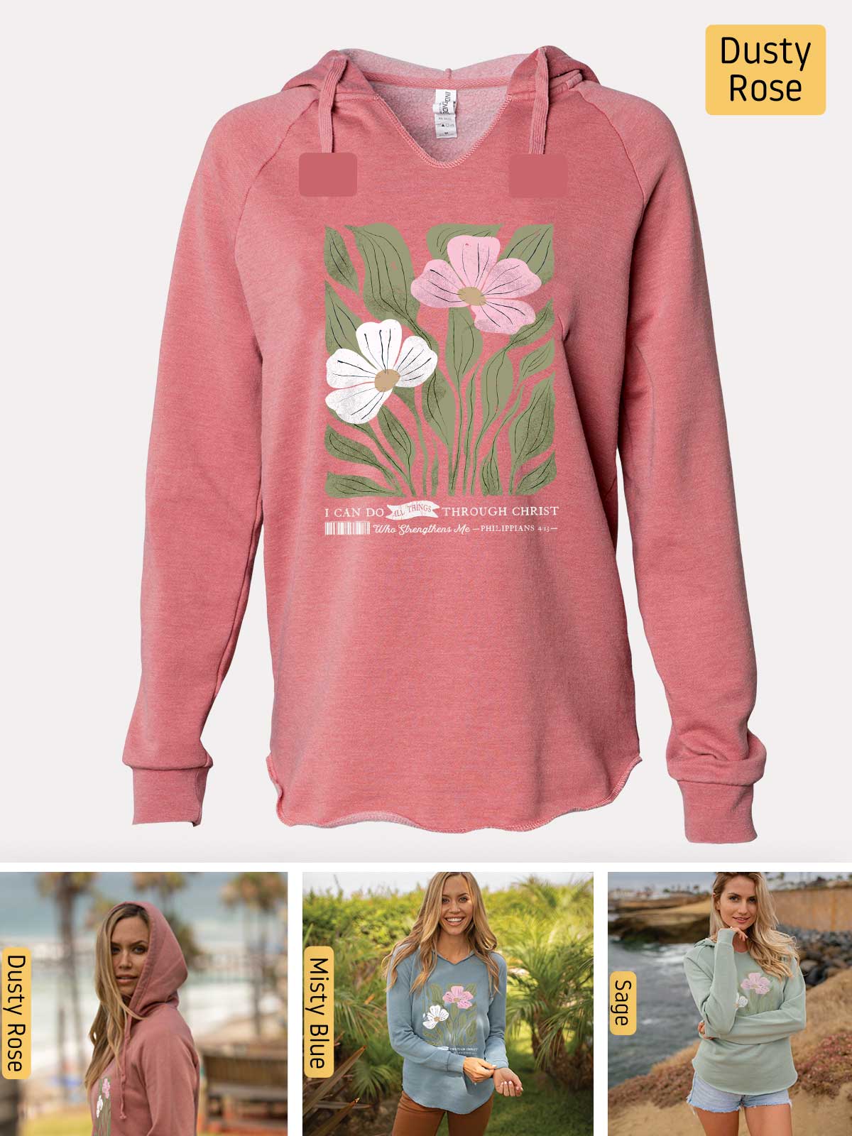 a woman wearing a pink sweatshirt with flowers on it