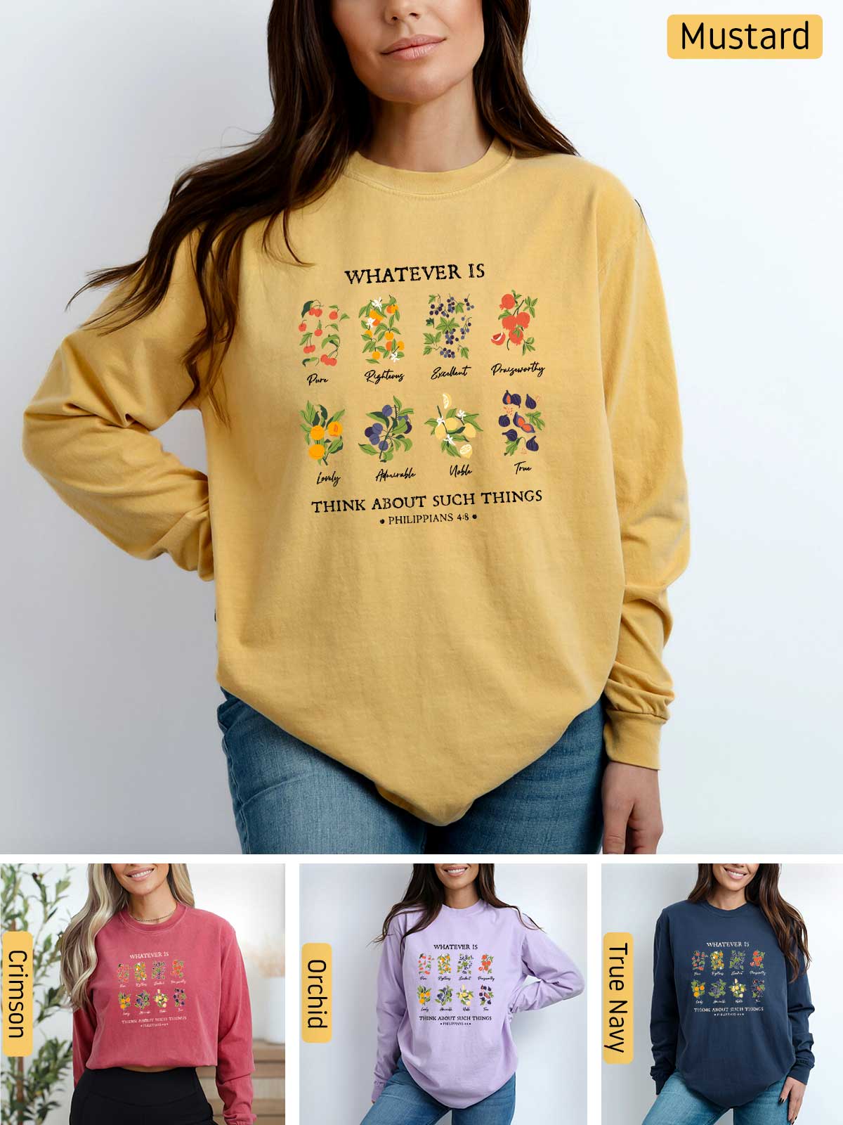 a woman wearing a mustard colored sweater with flowers on it