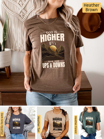 a woman wearing a t - shirt that says, god is higher than ups and