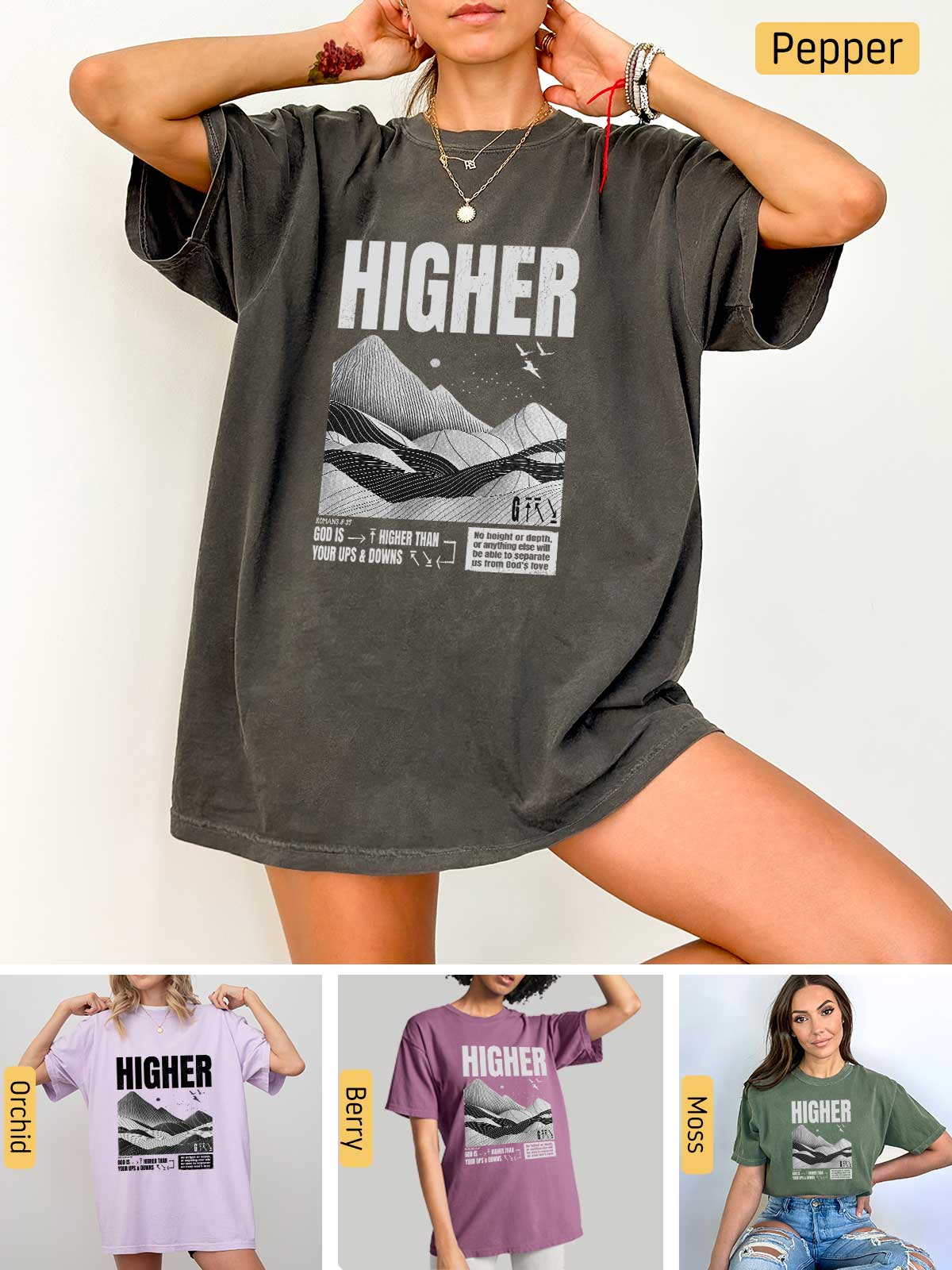 a woman wearing a t - shirt with the words higher printed on it