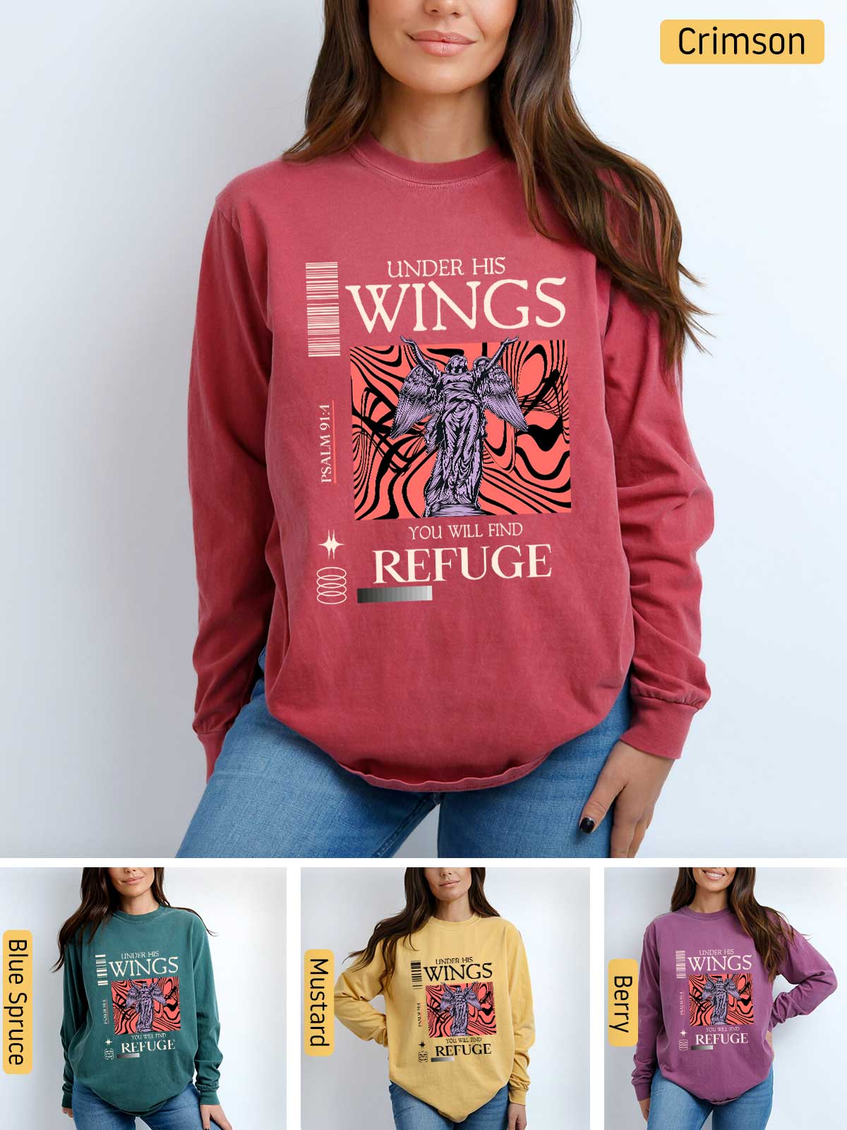 a woman wearing a sweatshirt with wings on it