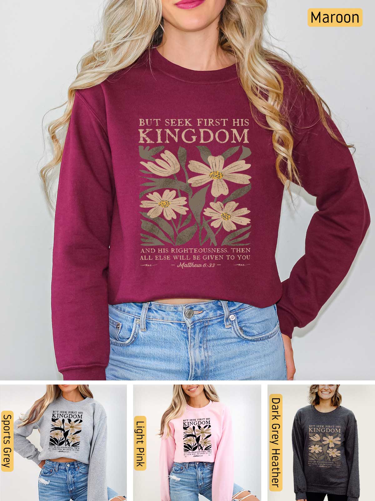 a woman wearing a sweatshirt that says, but see first he kingdom